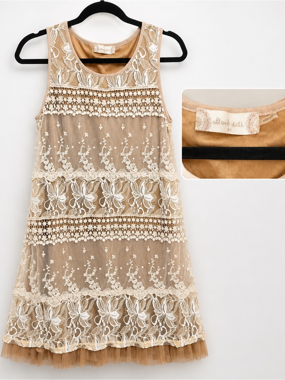 Altar'd State Beige Lace & Tulle Overlay Dress